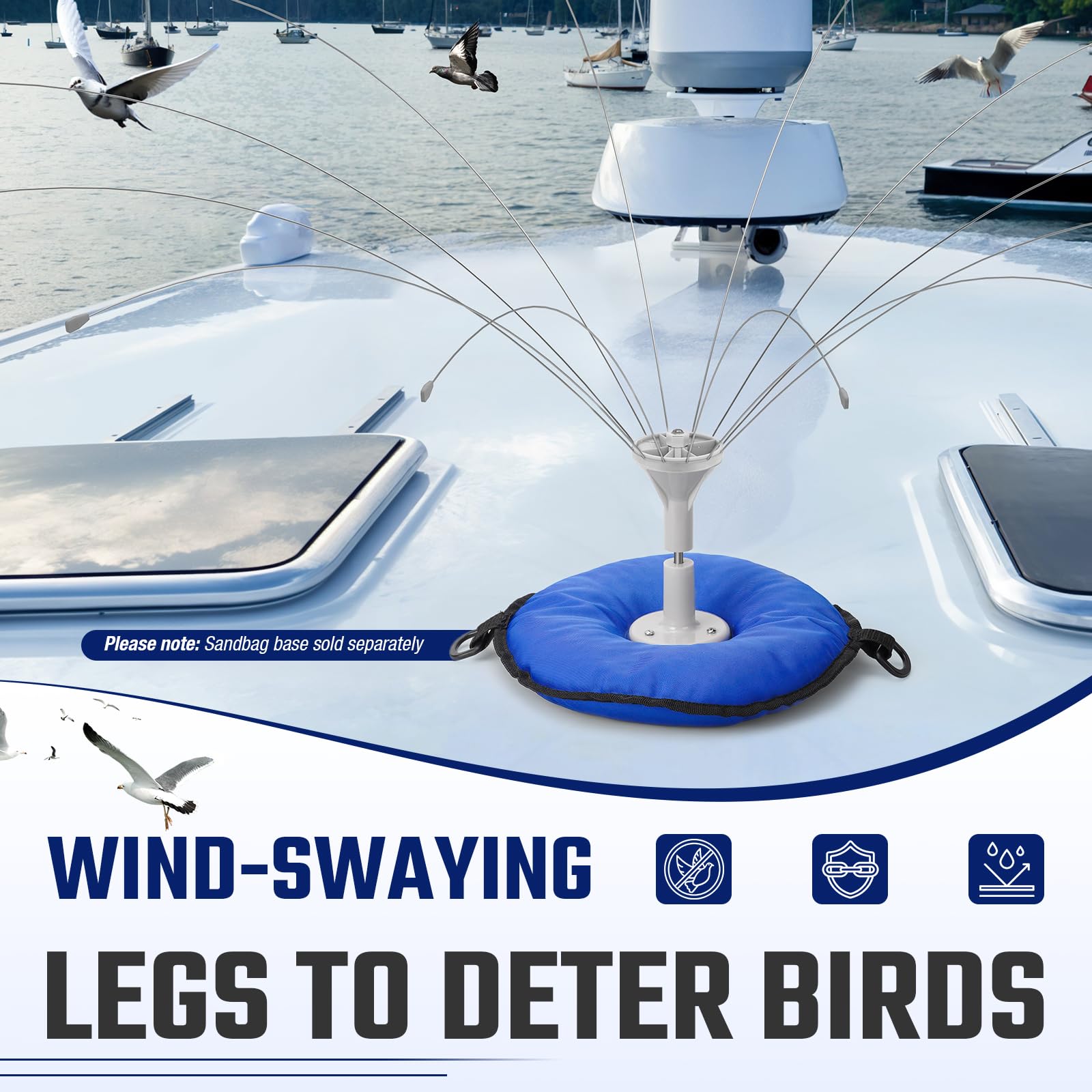 Salcod 360 long-leg deterrent on dock protects gear from bird messes