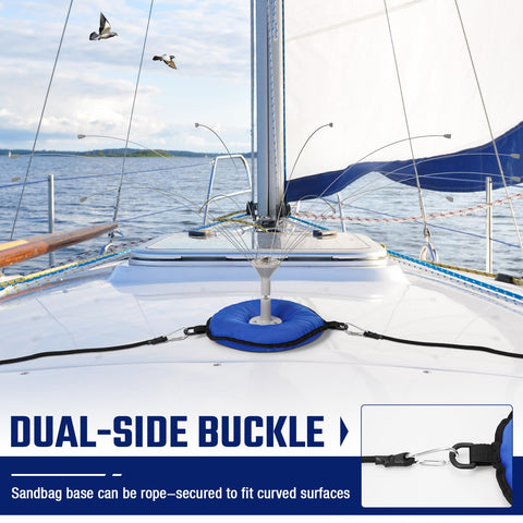 Salcod blue weatherproof canvas base resists outdoor wear and elements.