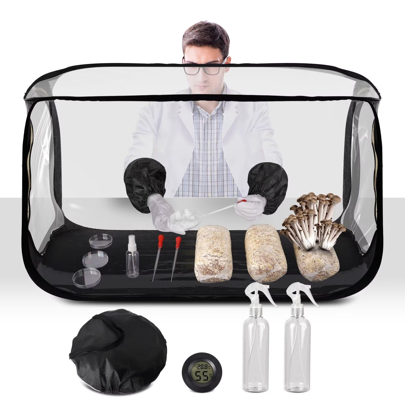 Salcod large still air box mushroom tent interior view for clear growth observation.