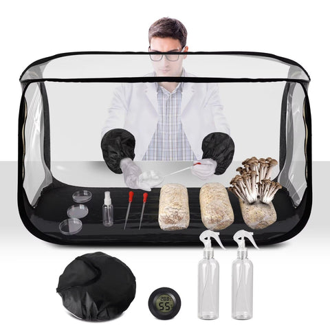 Salcod large still air box mushroom tent interior view for clear growth observation.