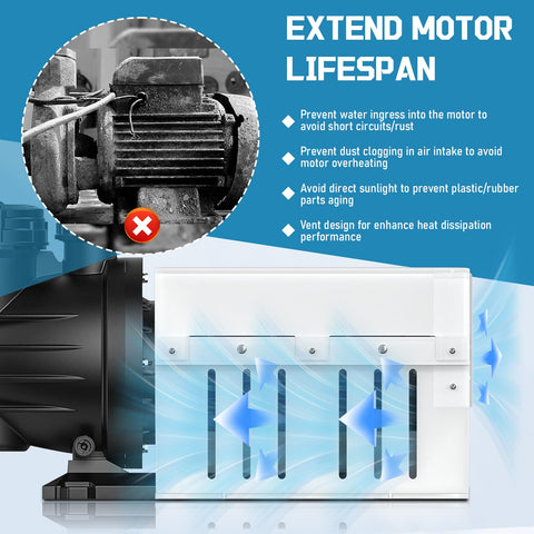 White Salcod motor cover with heat-reflective exterior for cooler operation