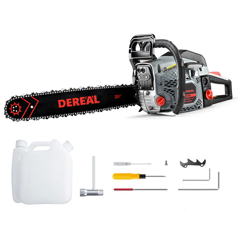 SALEM MASTER gas chainsaw with a 20-inch bar cuts firewood efficiently.