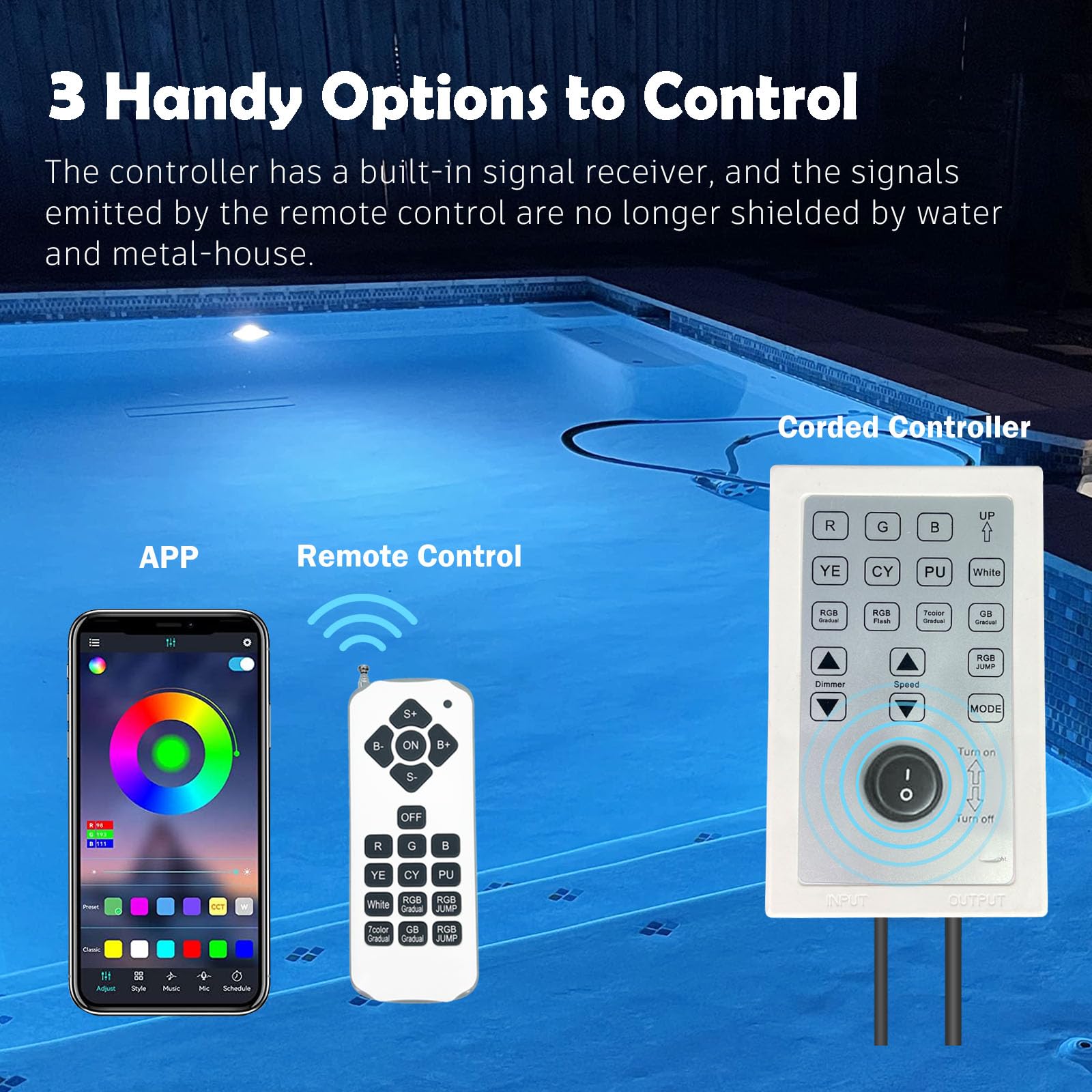 SALIFA controller and remote enable easy color selection from poolside.