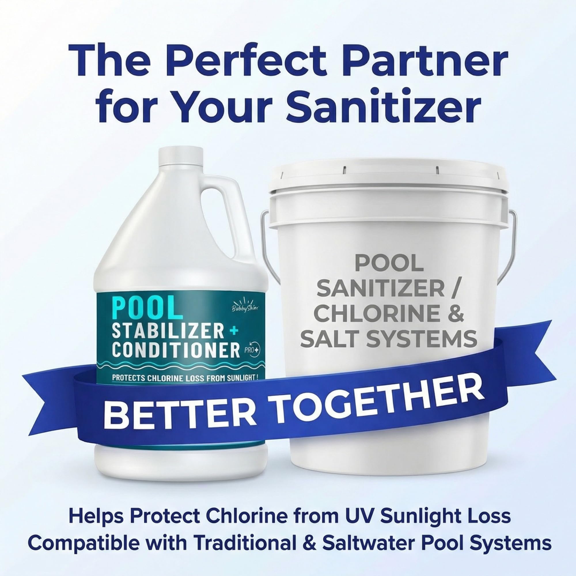 Saltwater pool stabilizer compatibility with BubbyShine for balanced chemistry.