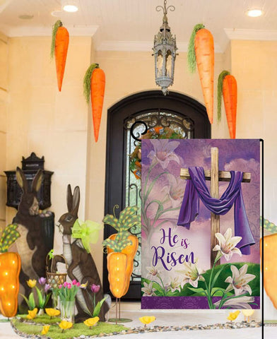 Sambosk He is Risen double-sided flag readable from both sides.