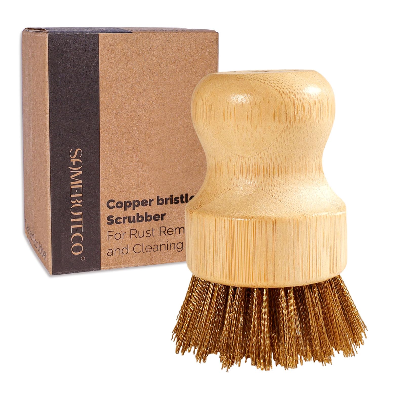 SAMBUTECO cast iron cleaner with copper bristles removing tough residue from pans