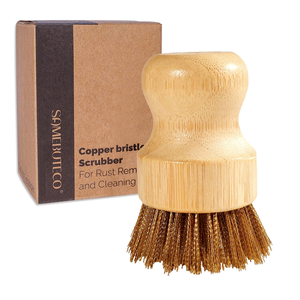 SAMBUTECO cast iron cleaner with copper bristles removing tough residue from pans
