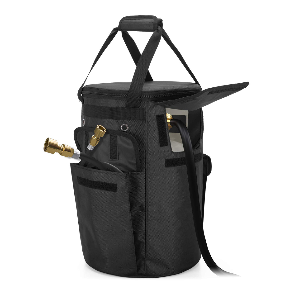 samdew propane tank cover front view protects your tank with a sleek black finish.