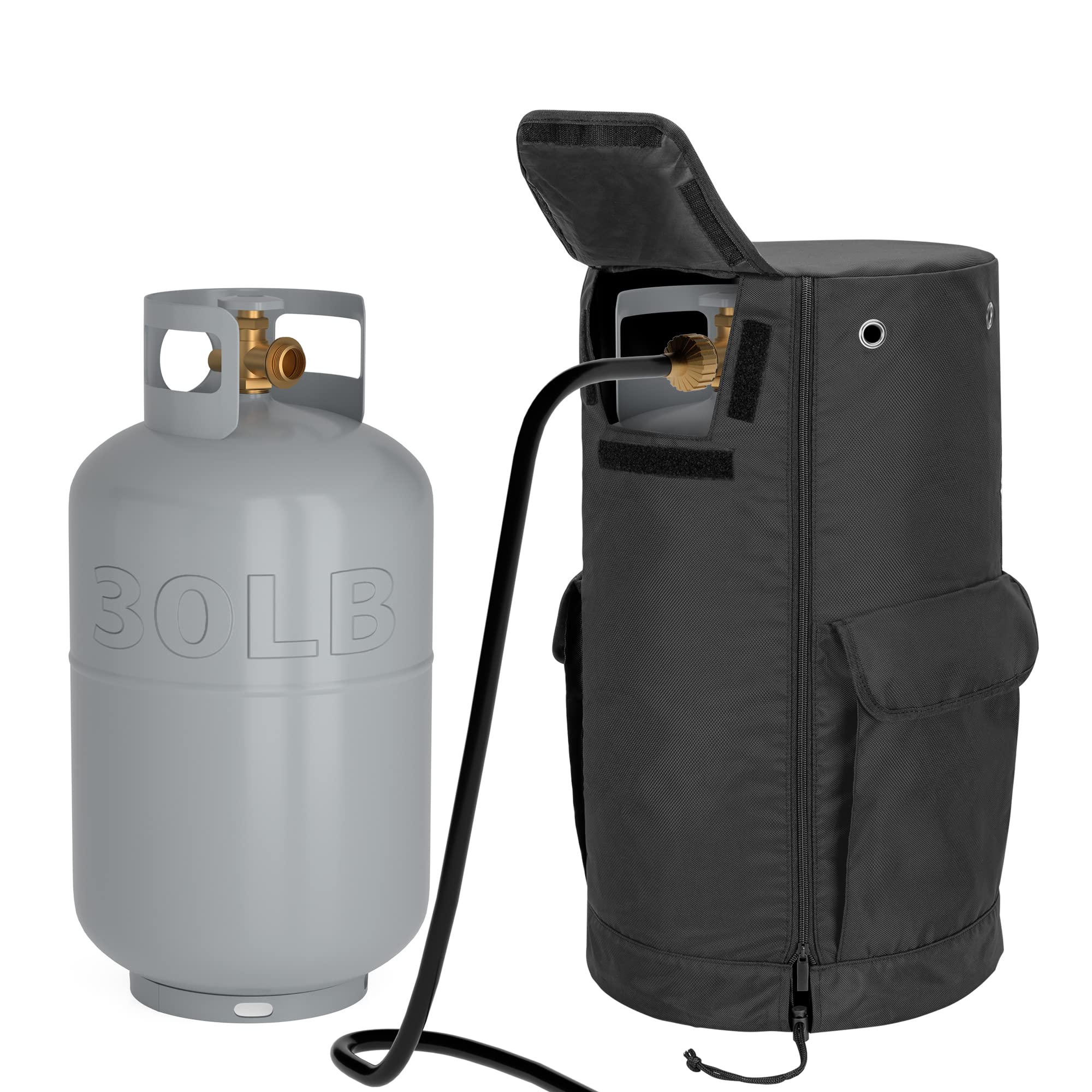 SAMDEW 30lb tank cover with side flip flap for easy hose connection and operation.