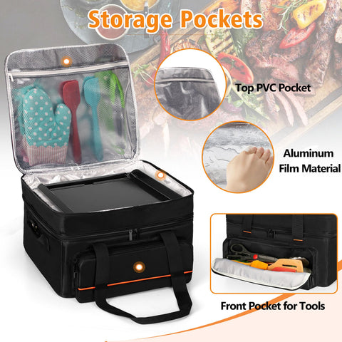 samdew grill bag top-pocket detail stores gloves and tongs for quick access.