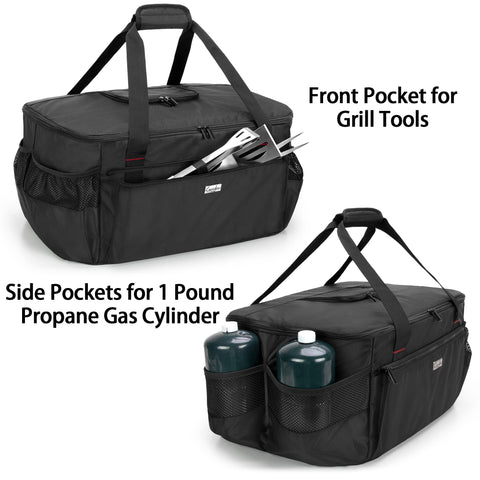 samdew grill bag side pockets accommodate a 1-pound propane canister for portability