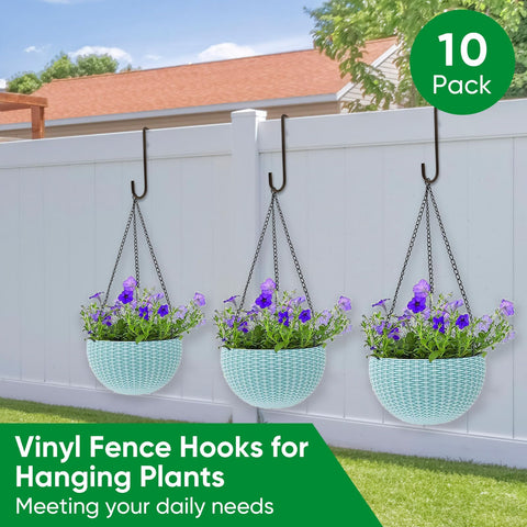 Samhard metal patio hook for fences keeps planters and lights neatly organized.