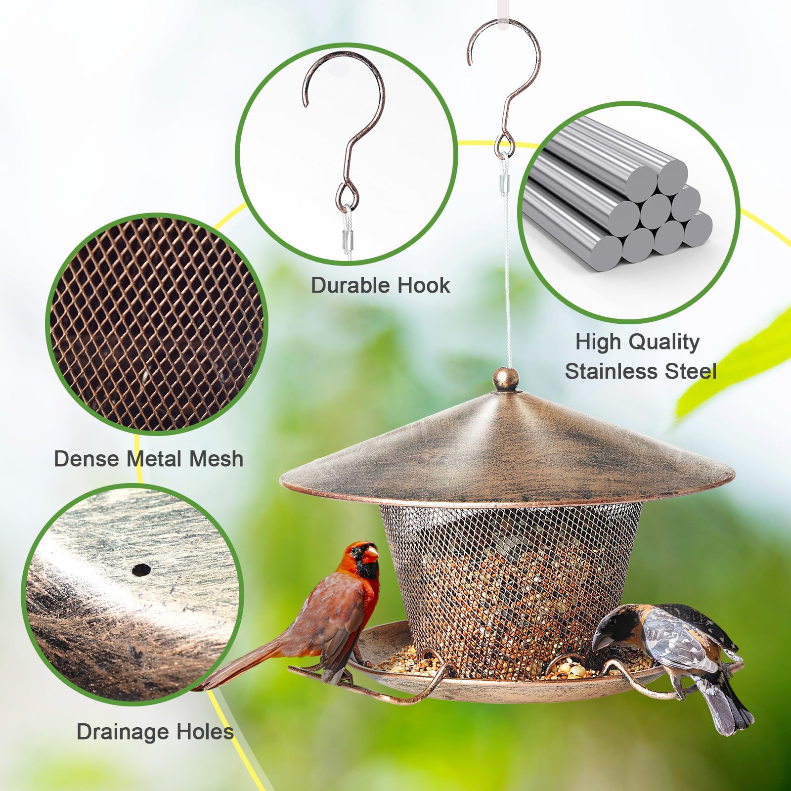 Samhe bird feeder 9.8-inch roof shields seeds from rain.