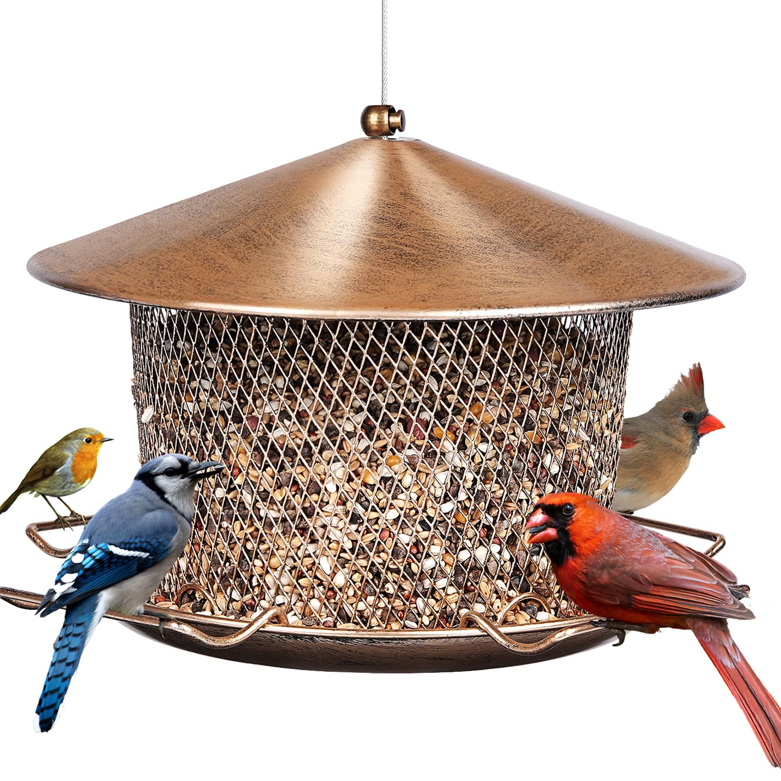 Samhe bird feeder shows a 9.8-inch roof protecting seeds from rain for birds.