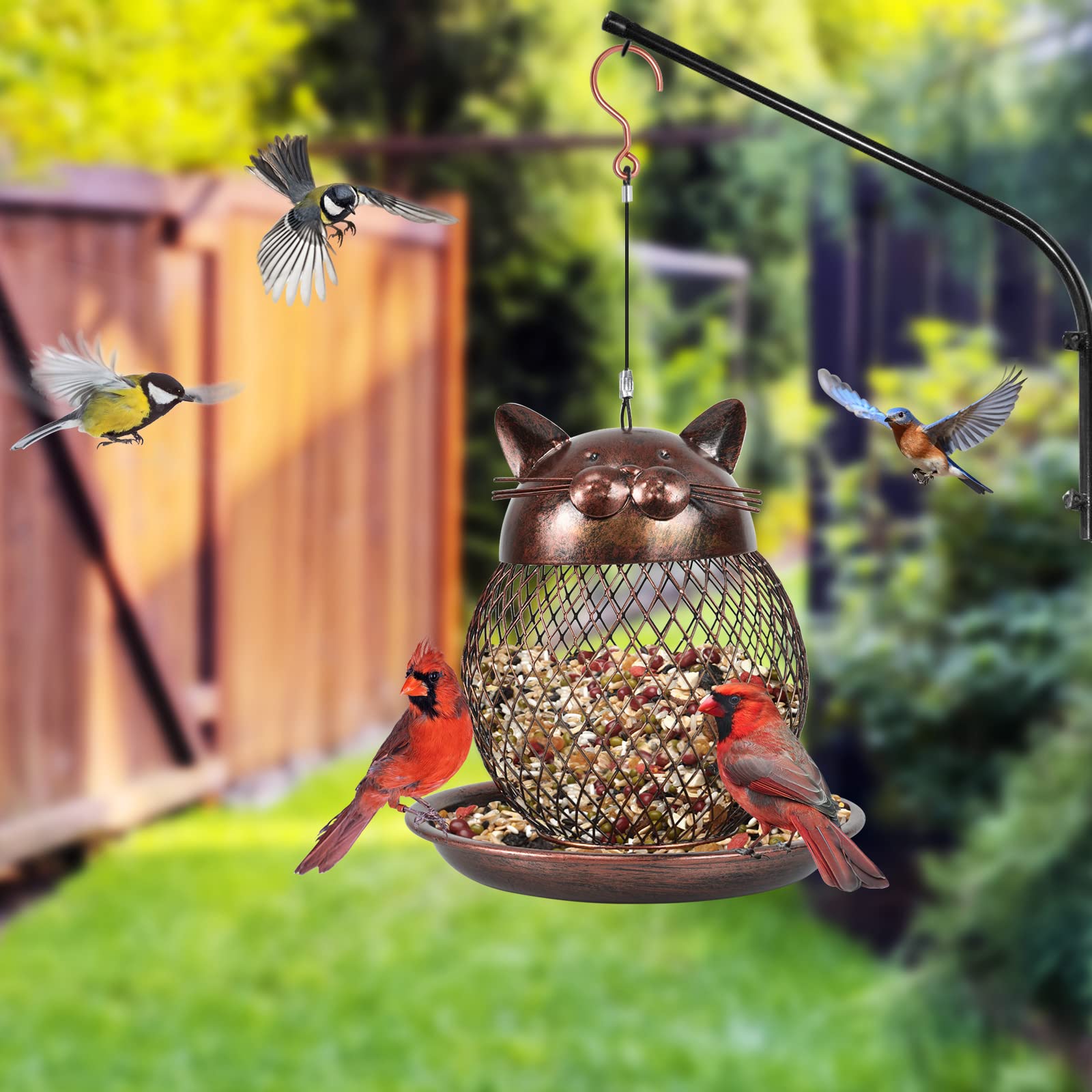 Copper cat silhouette adds charm to garden birdwatching.
