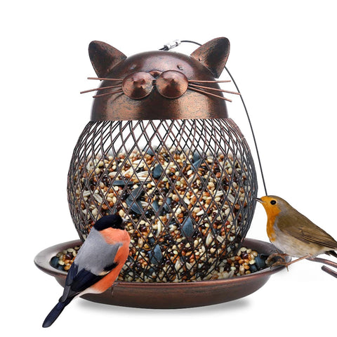 Samhe cat shaped bird feeder attracts songbirds in copper tones.