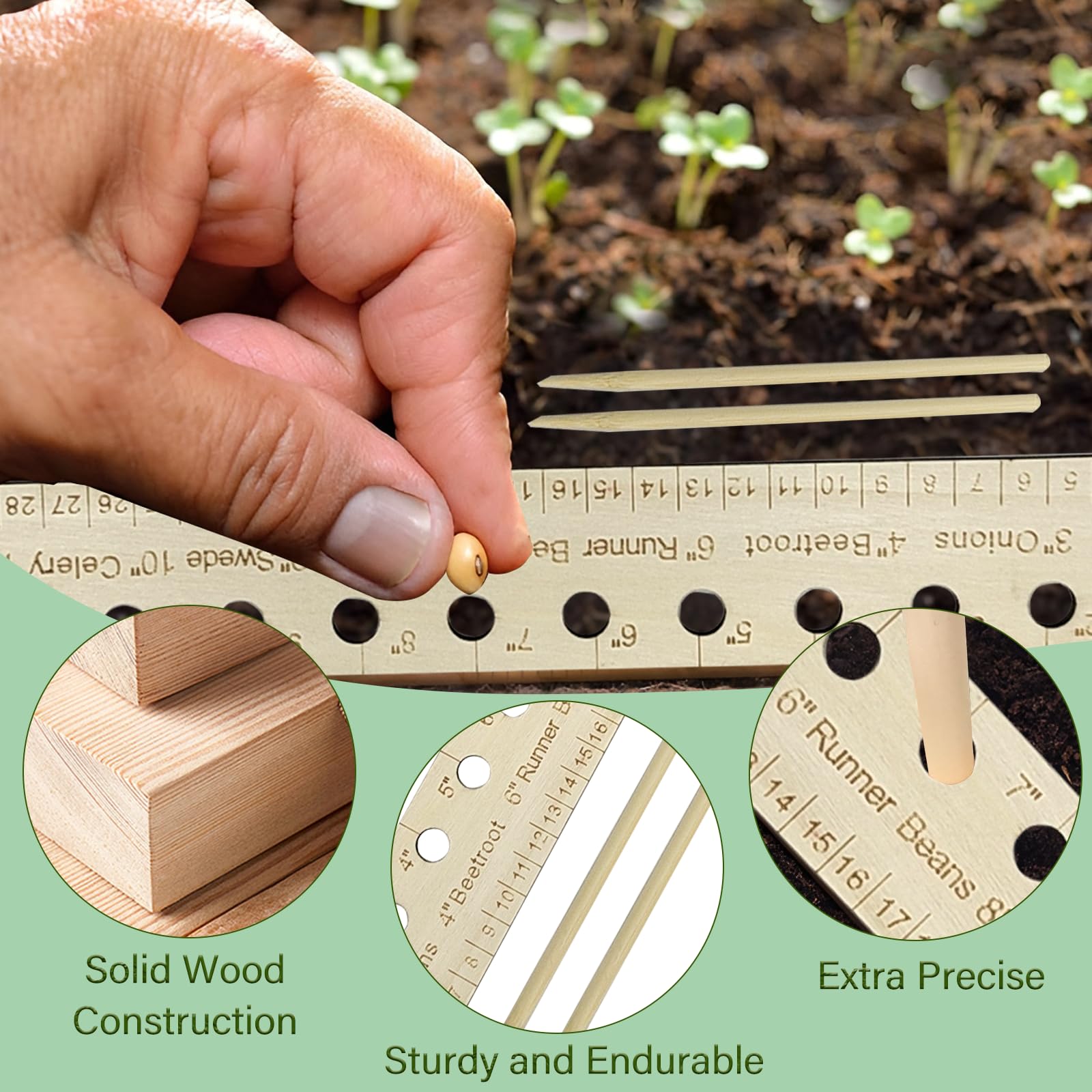 SAMIQU wooden planting ruler with holes for even spacing.