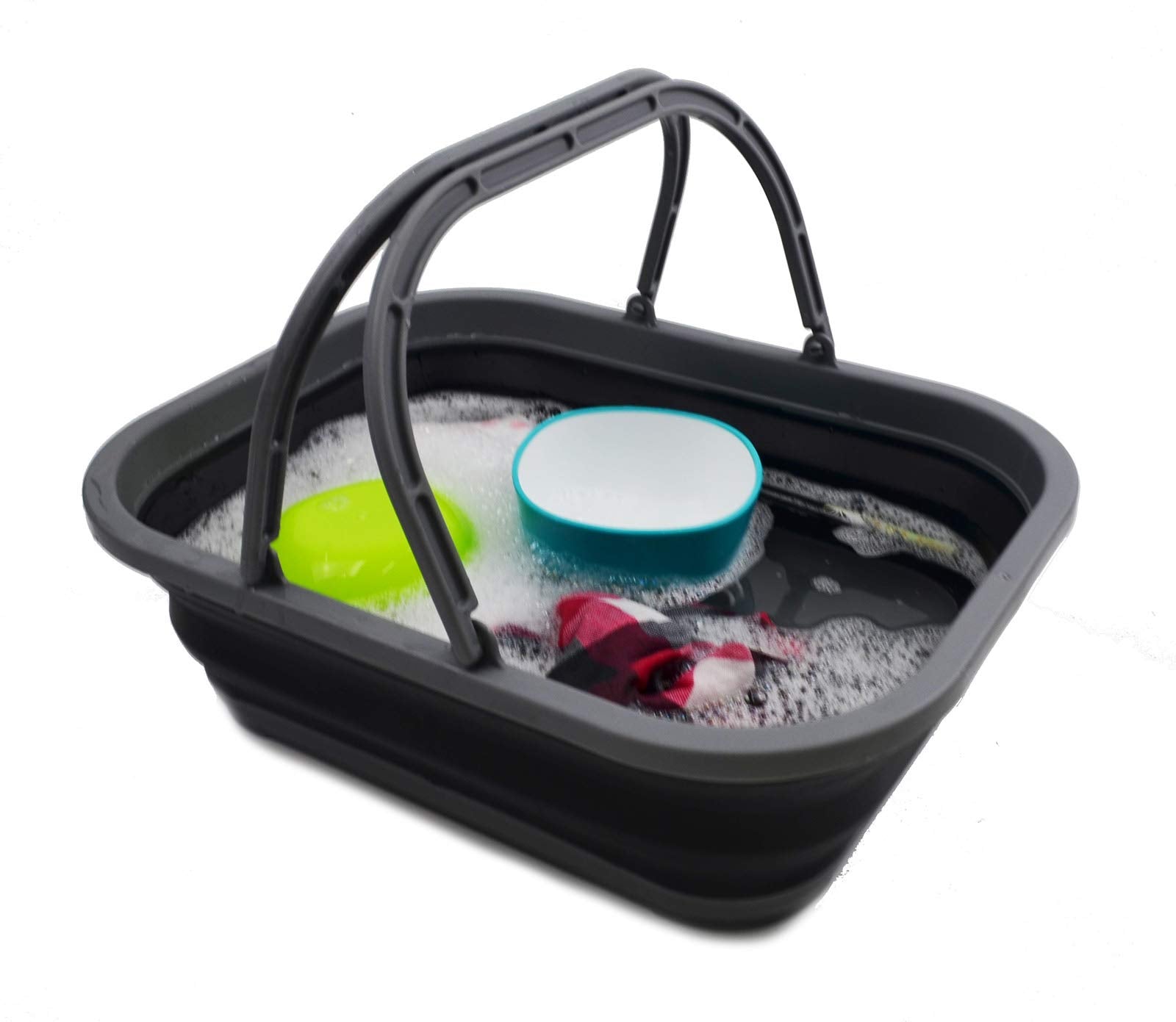 SAMMART 12L collapsible tub dual handles beside car trunk for shopping trips.