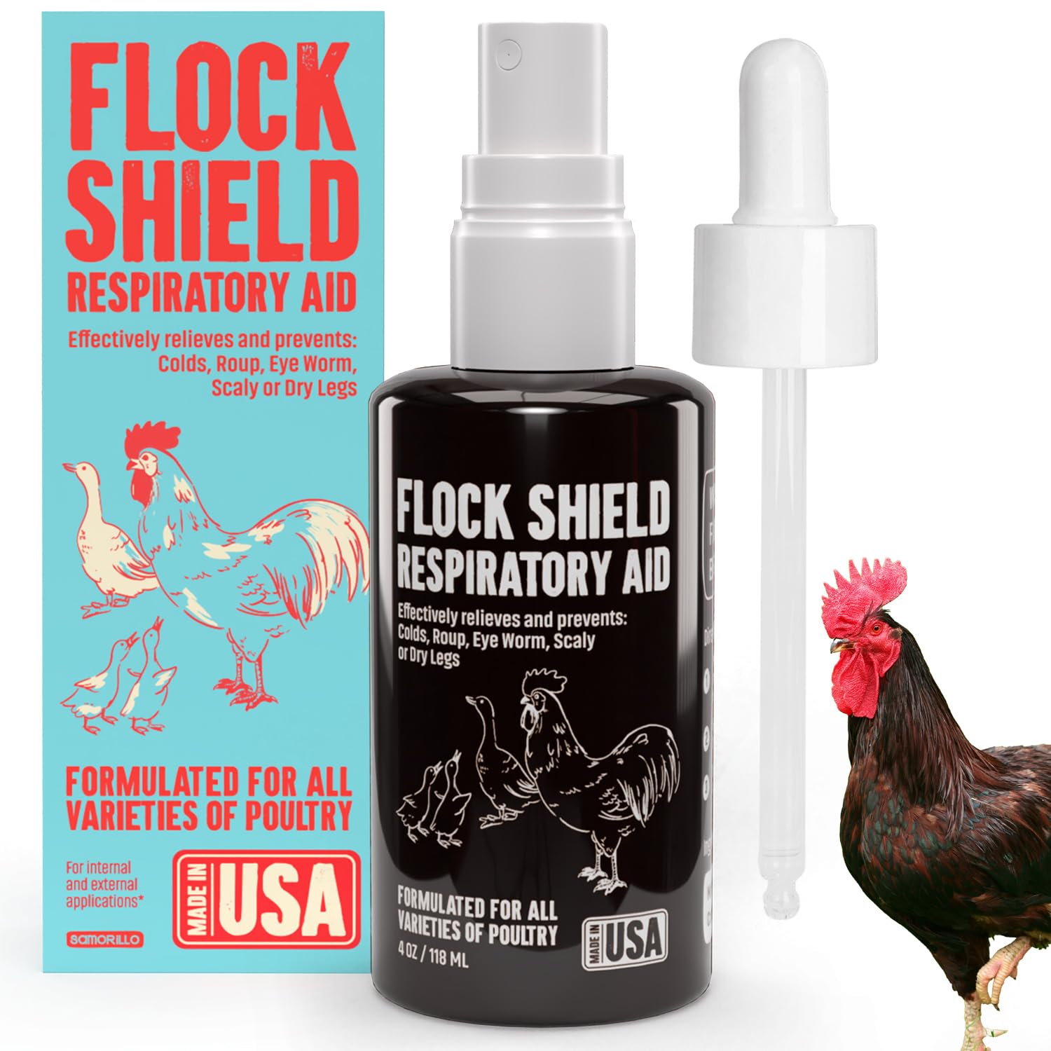 Samorillo Flock Shield bottle label shows 4 oz size and USA-made quality.