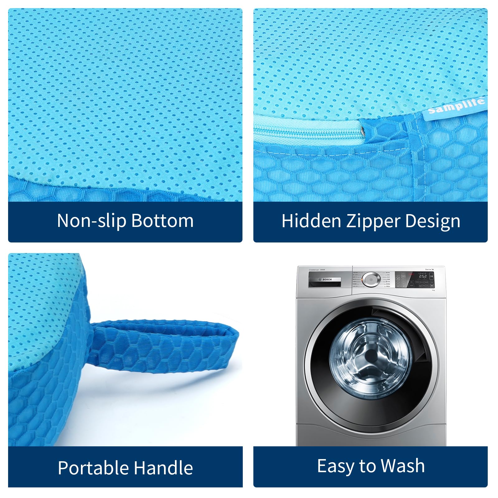Samplife booster seat features 3D air mesh for fast drainage and quick drying.