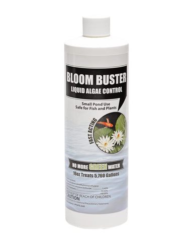 Sanco Bloom Buster bottle ready for algaecide application in the pond water
