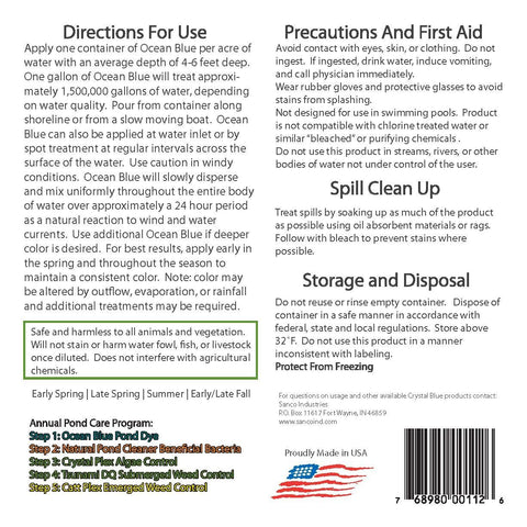 Sanco Crystal Blue pond dye application instructions show safe use.
