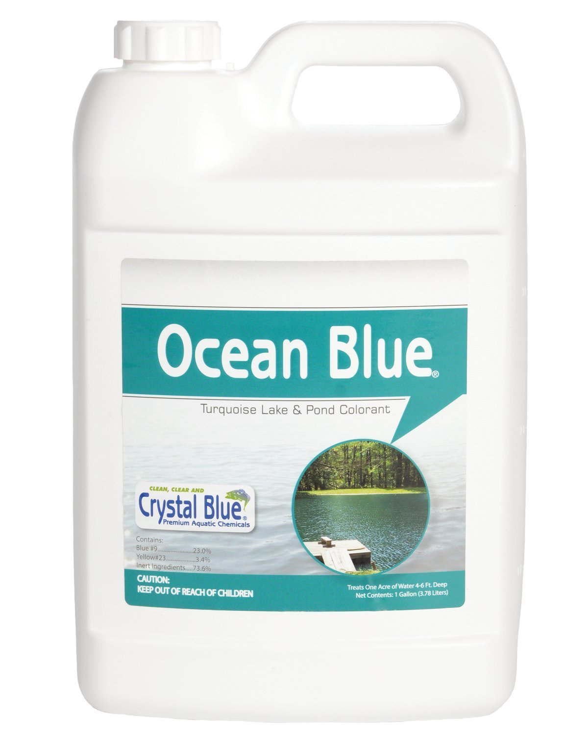 Sanco Crystal Blue pond dye bottle shows vibrant aqua color for ponds.