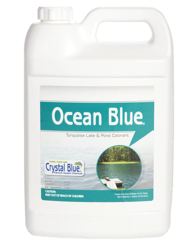 Sanco Crystal Blue pond dye bottle shows vibrant aqua color for ponds.