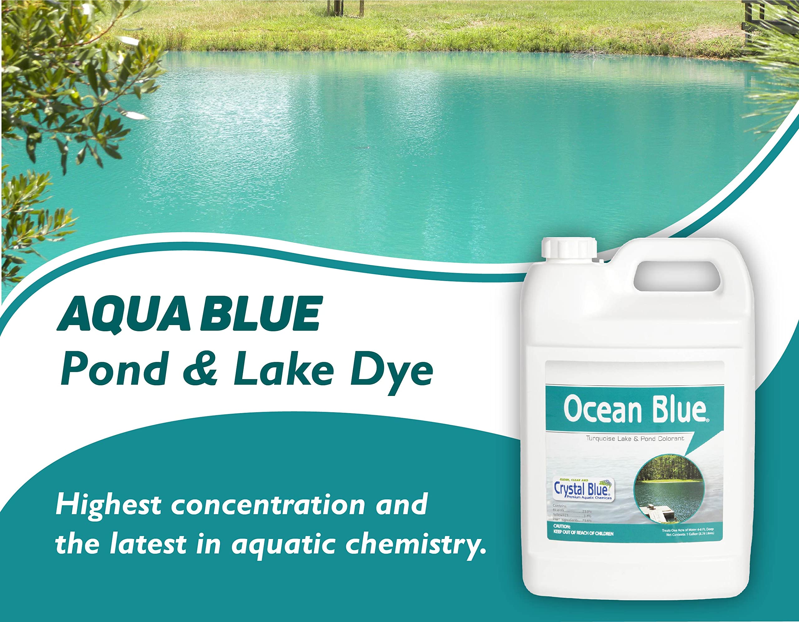 Sanco Crystal Blue pond dye water tint illustrates turquoise water transformation.