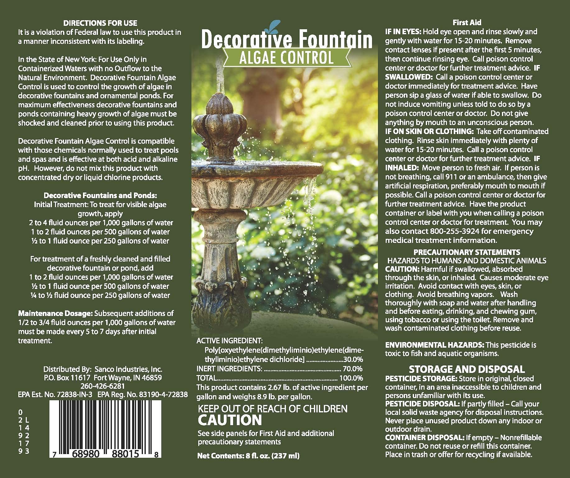 Dosing schedule and instructions for Sanco Fountain Algaecide