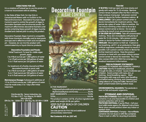 Dosing schedule and instructions for Sanco Fountain Algaecide