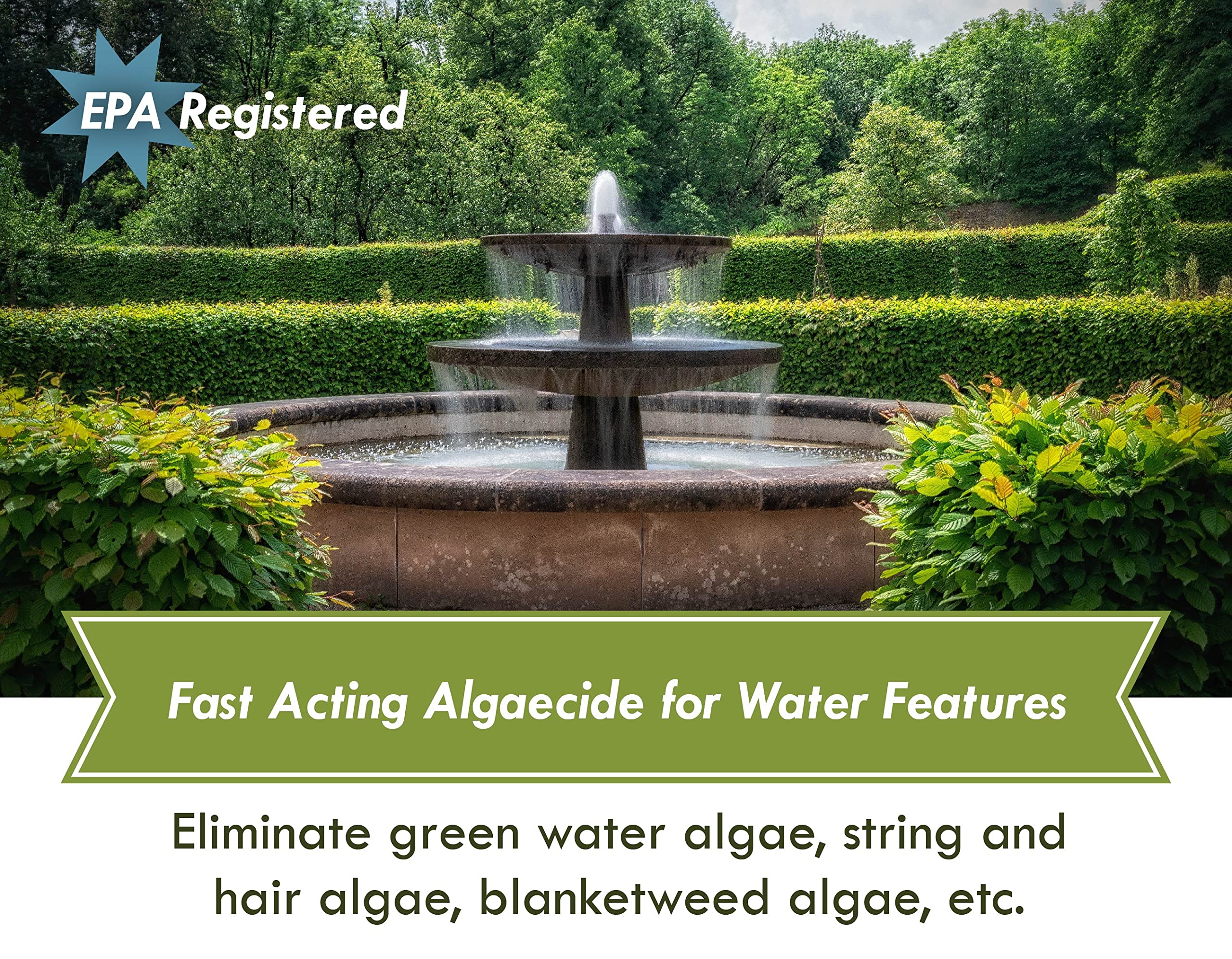 Sanco Fountain Algaecide label close-up with dosage guidelines.