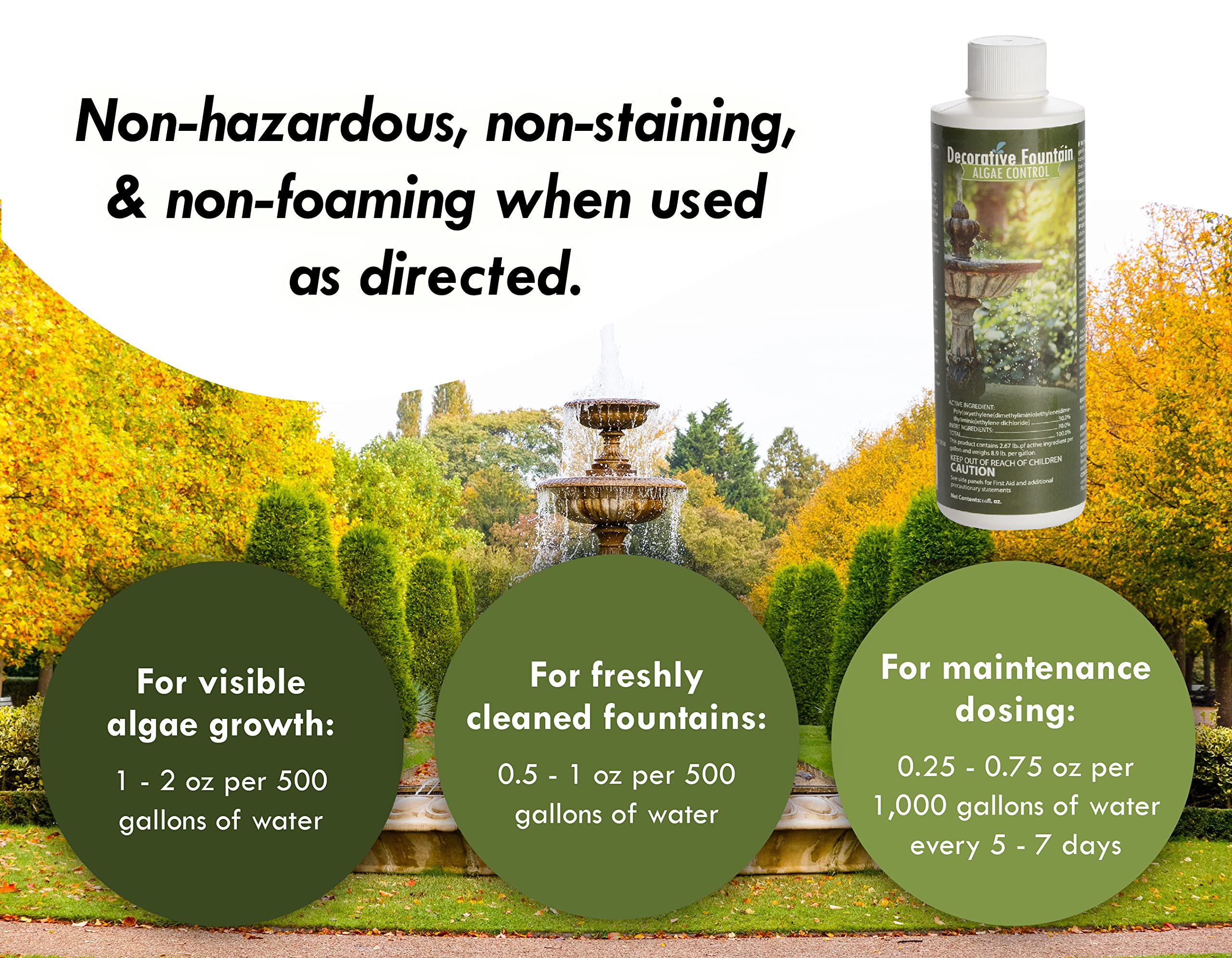 Sanco Fountain Algaecide bottle shown during pond dosing.