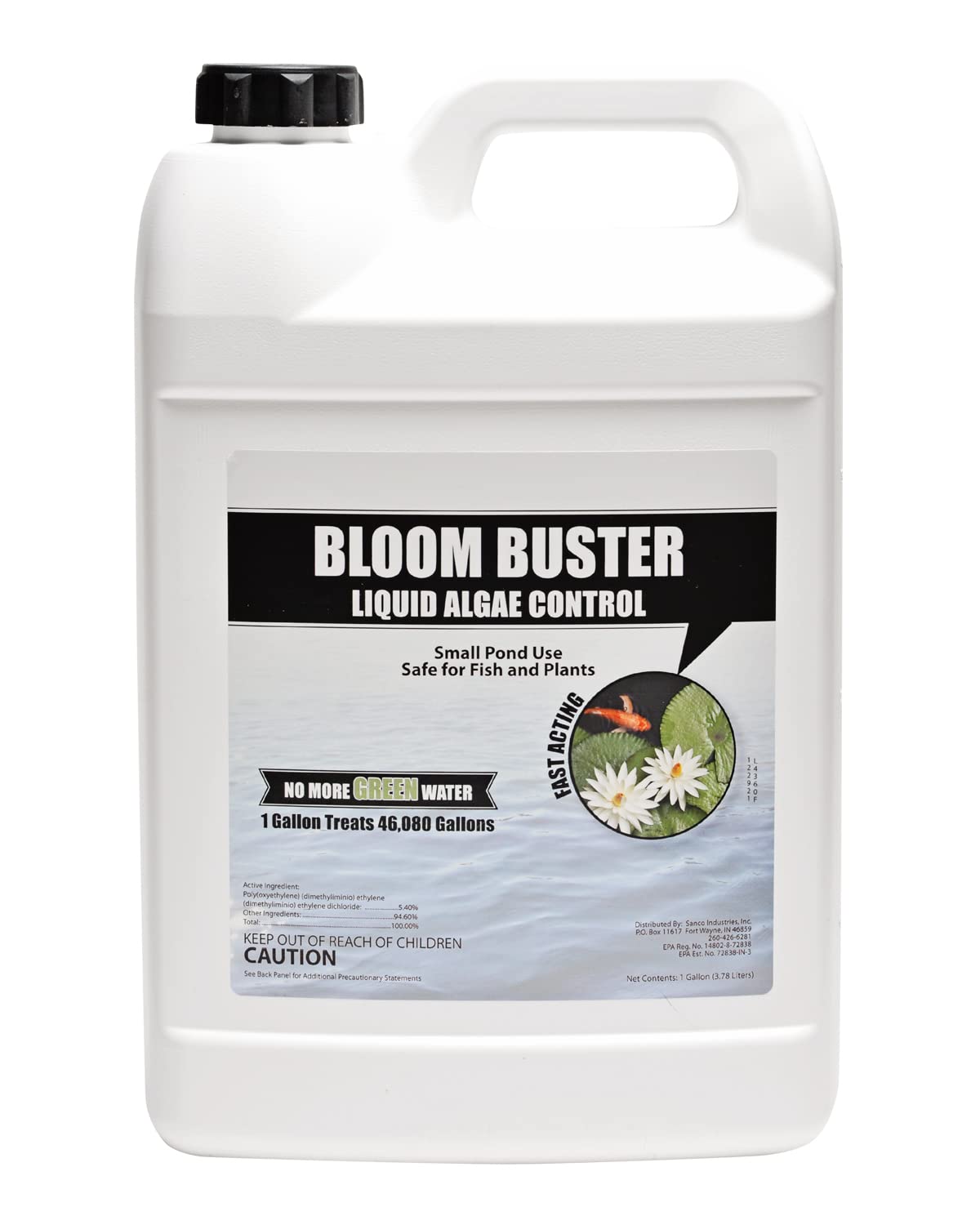 Sanco Bloom Buster bottle label highlighting EPA-registered algae control for ponds.