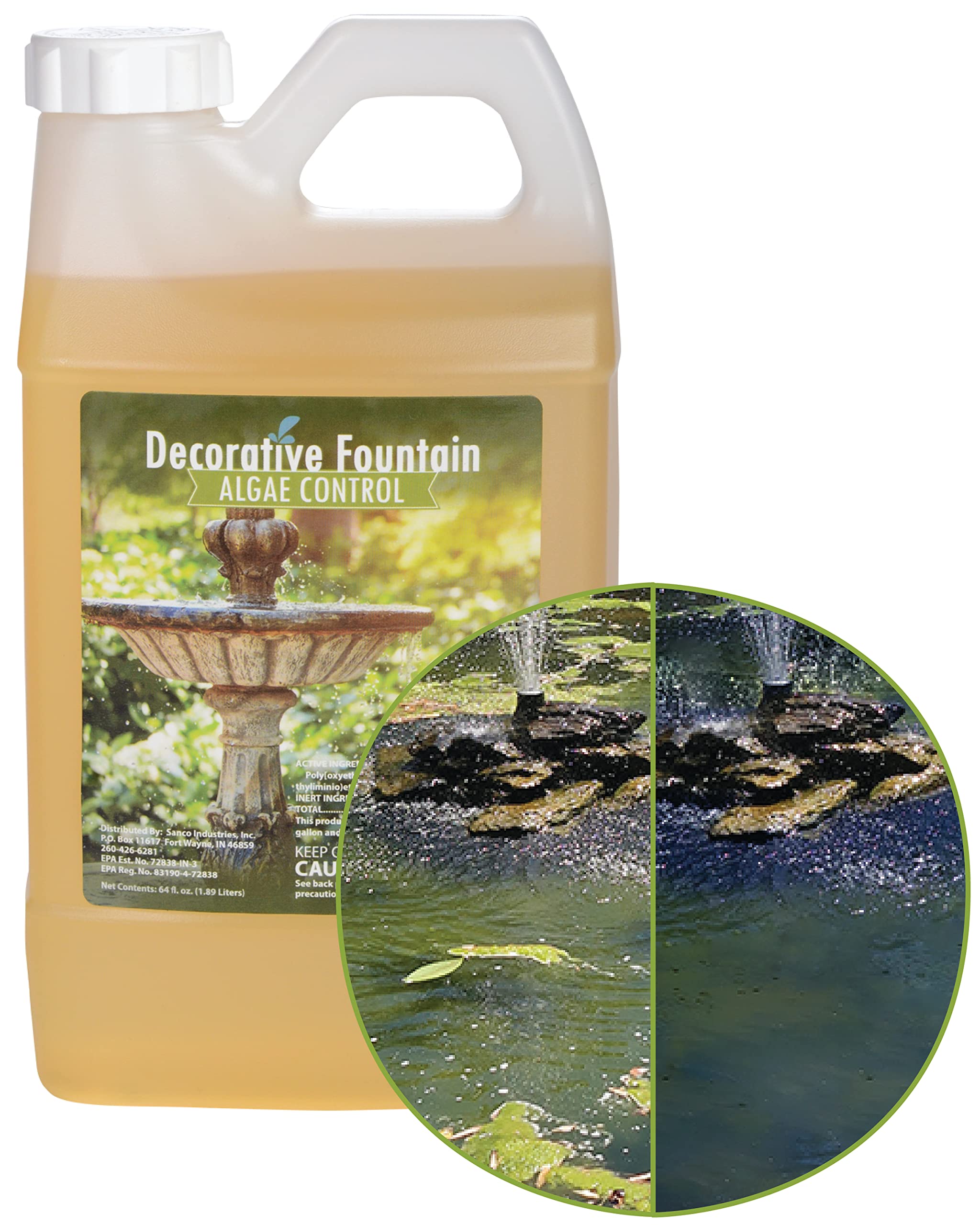 Sanco Industries fountain algaecide bottle ready for use to reduce pond algae.