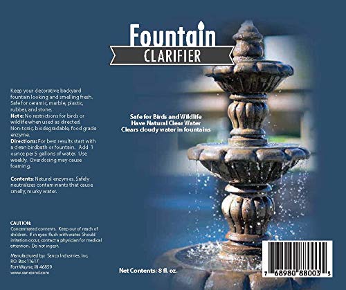 Sanco Industries Fountain Water Clarifier close-up bottle demonstrates product action improving water quality.