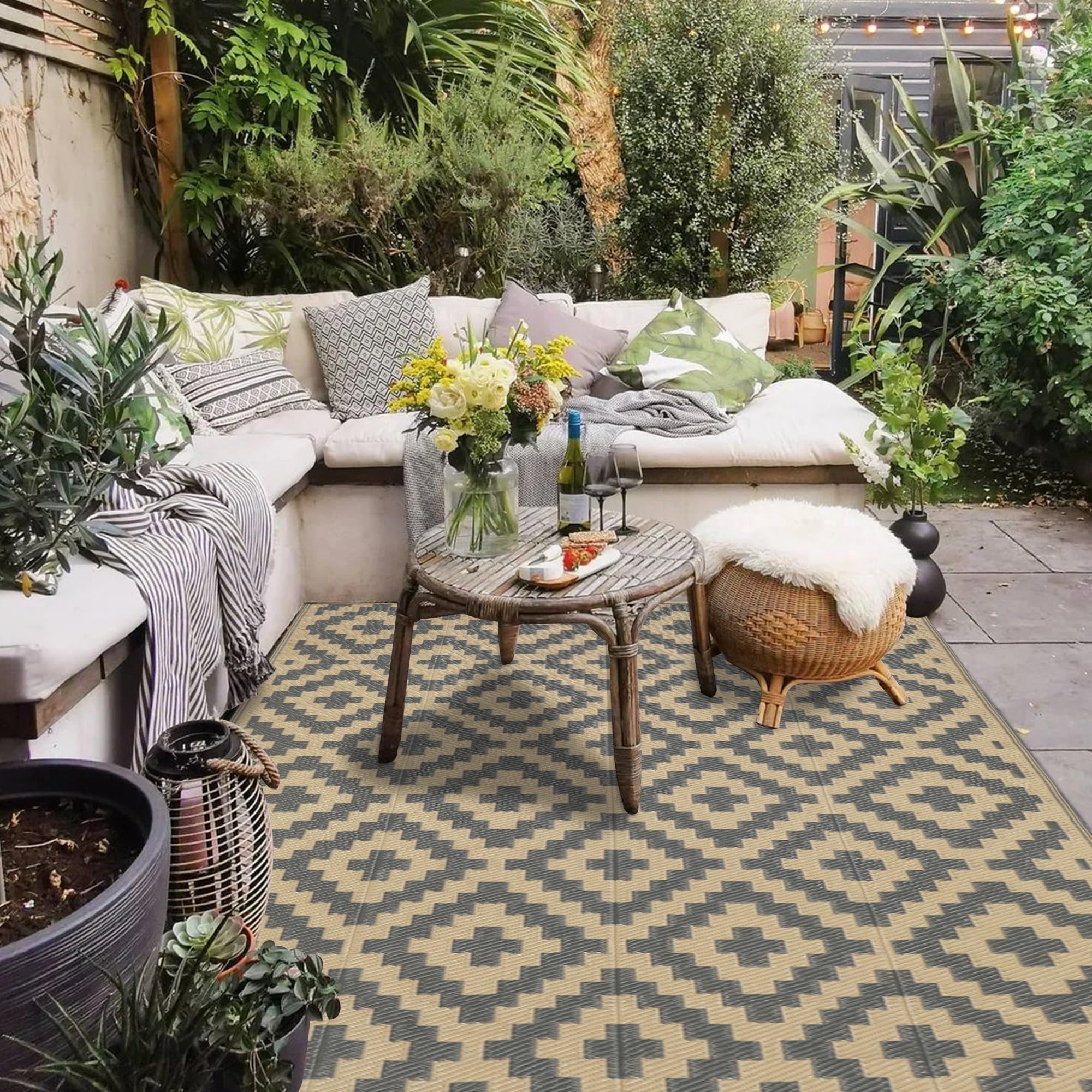 SAND MINE 5x8 rug on deck, versatile for patio and camping