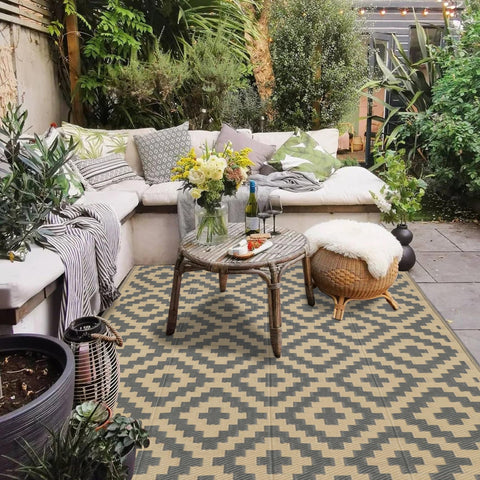 SAND MINE 5x8 rug on deck, versatile for patio and camping