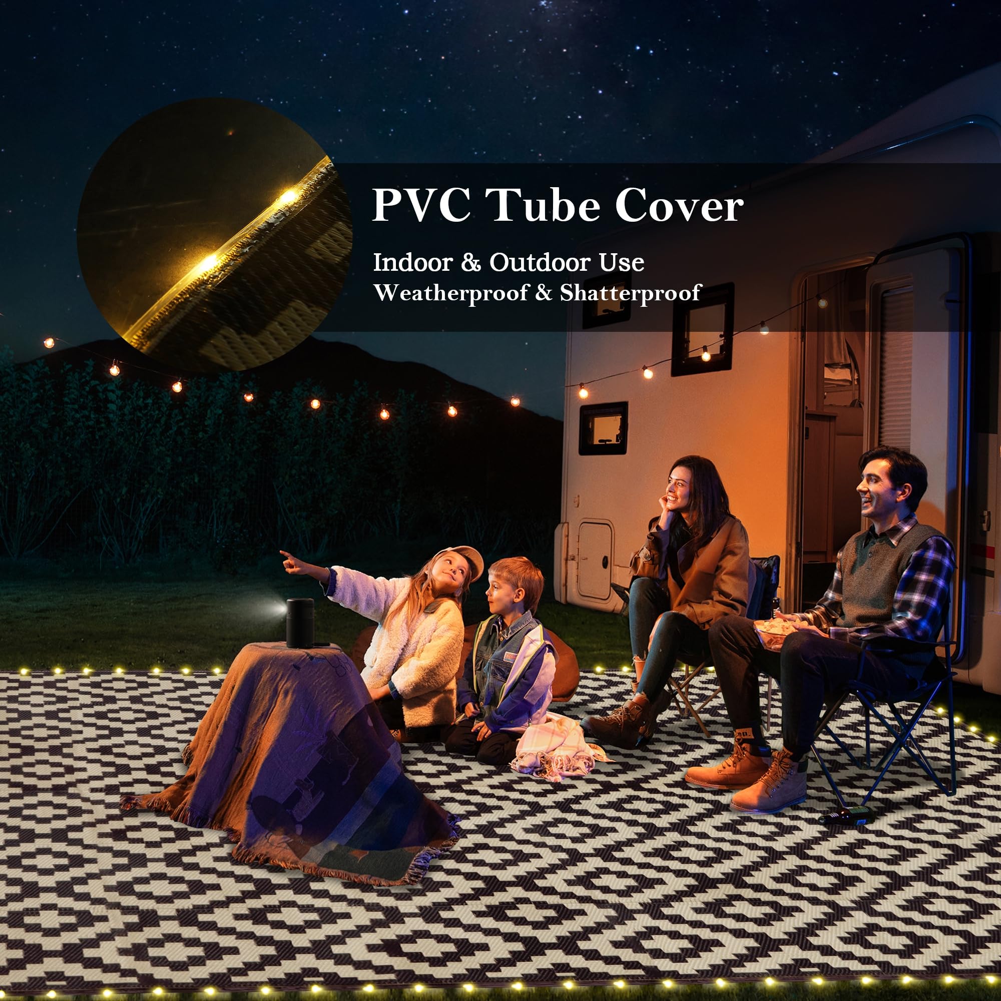 SAND MINE 8x10 outdoor rug featuring integrated LED lighting for evenings