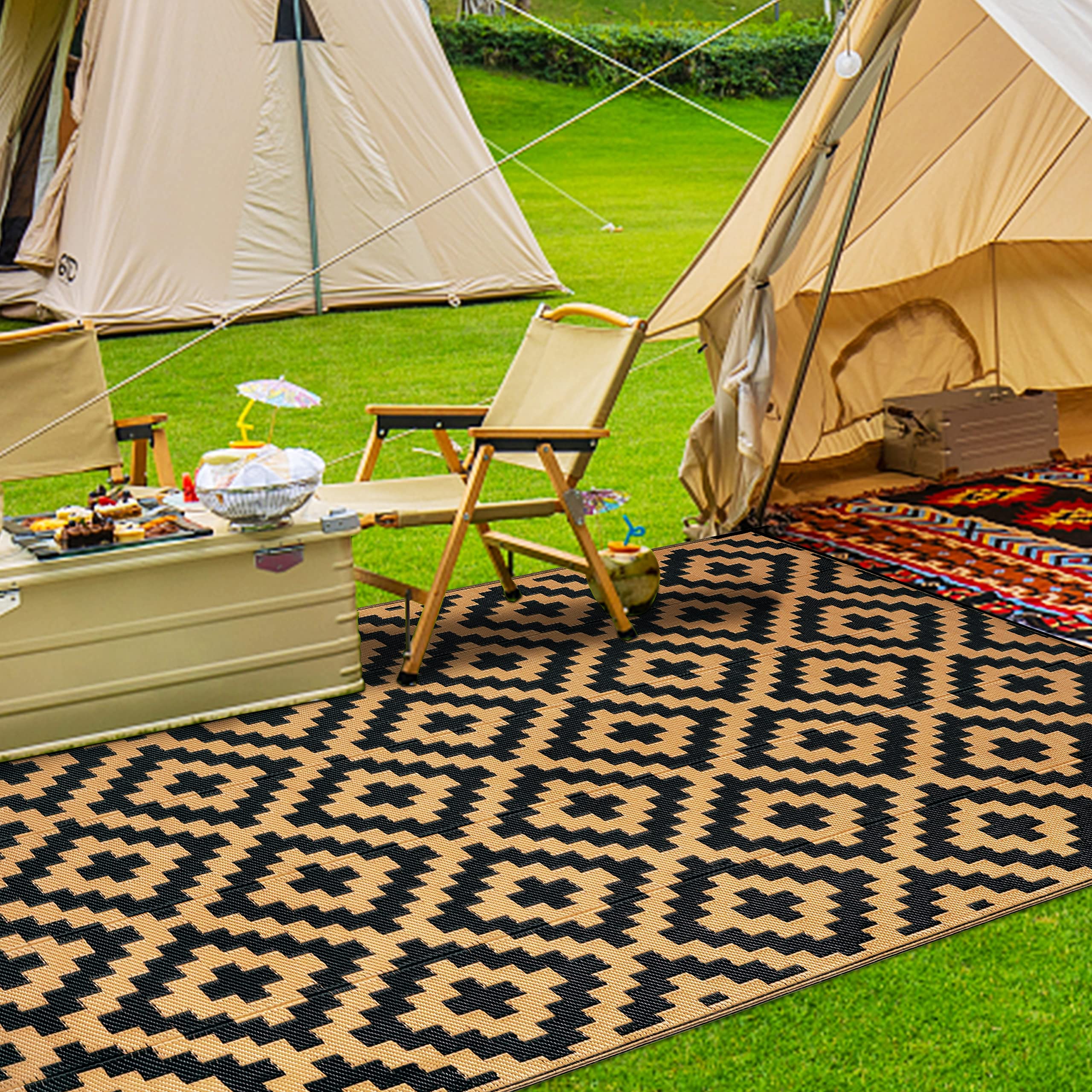 SAND MINE mats include corner loops and stakes to secure on grass or deck