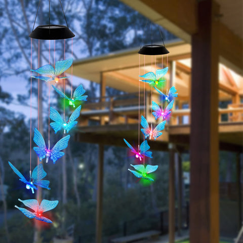 SAND MINE color-changing LED wind chime brightens outdoor spaces at night.