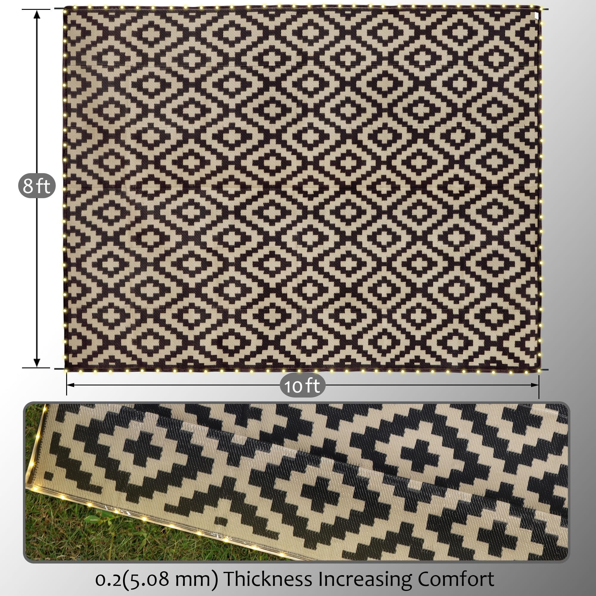 SAND MINE outdoor rug with glowing LED strip lighting on grass