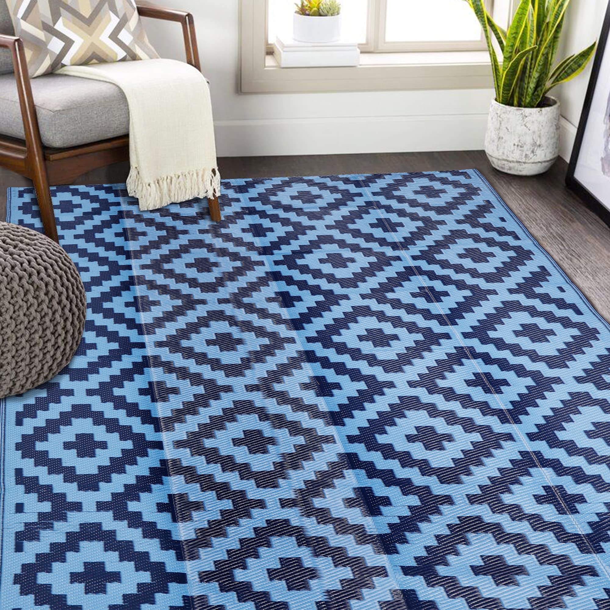 SAND MINE Reversible Mats blue 5x8 outdoor patio rug for stylish, durable outdoor spaces.