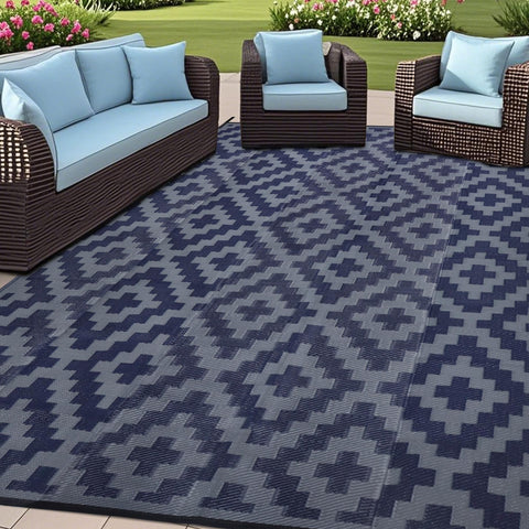 SAND MINE reversible mats blue-grey lattice outdoor rug for patio and deck