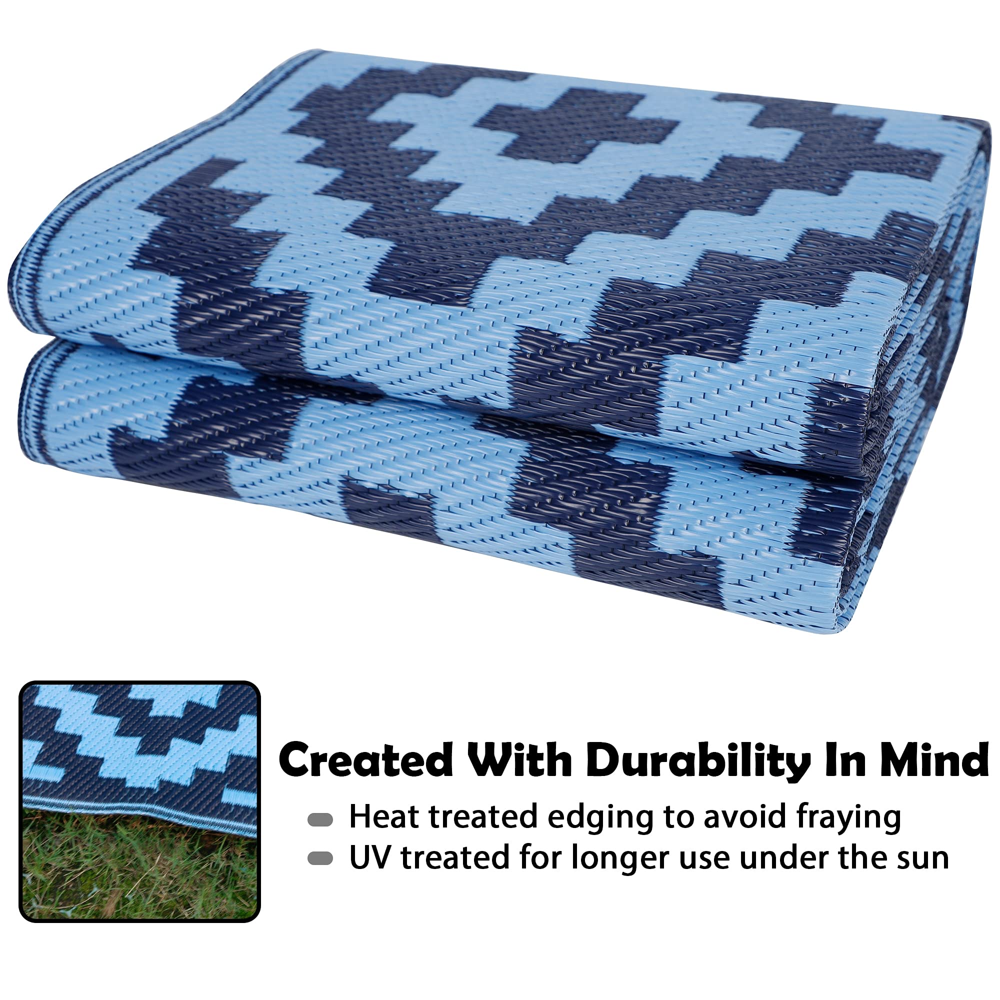 SAND MINE Reversible Mats blue UV-stabilized rug resists sun fade and preserves color.