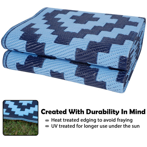 SAND MINE Reversible Mats blue UV-stabilized rug resists sun fade and preserves color.