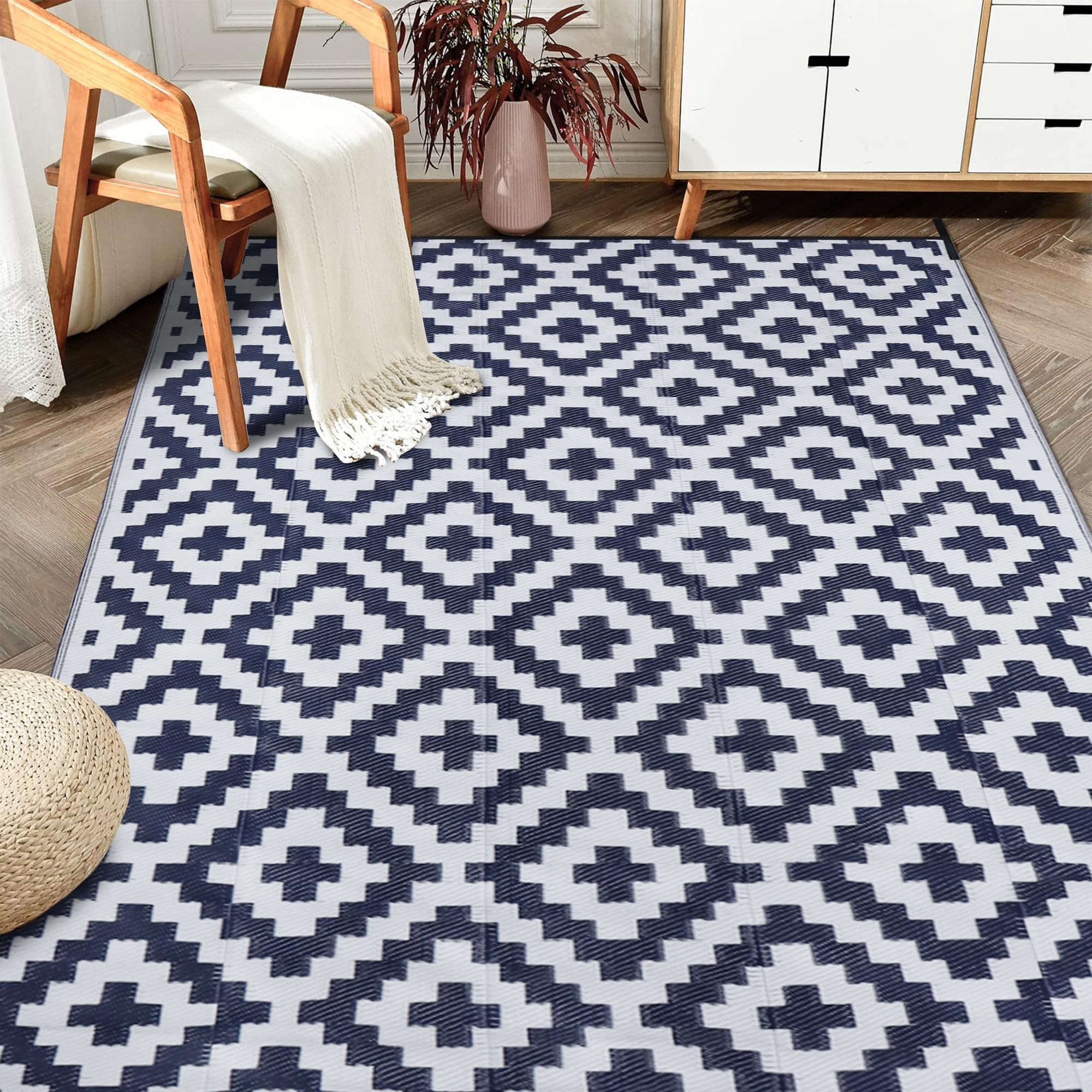 SAND MINE reversible mats outdoor rug 6x9 in dark blue and white for patios and decks.