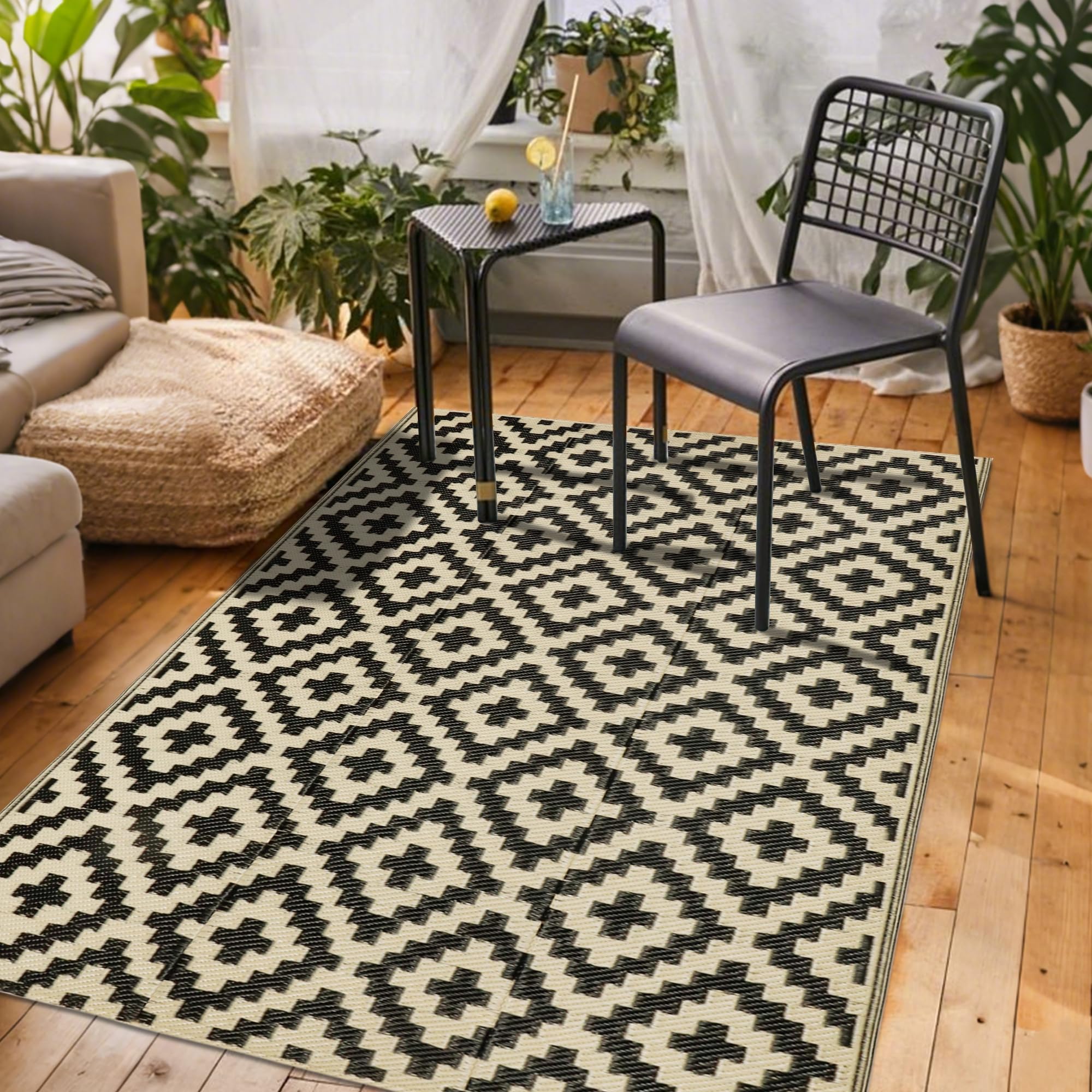 SAND MINE reversible mats on a patio showing dual lattice design for outdoor spaces