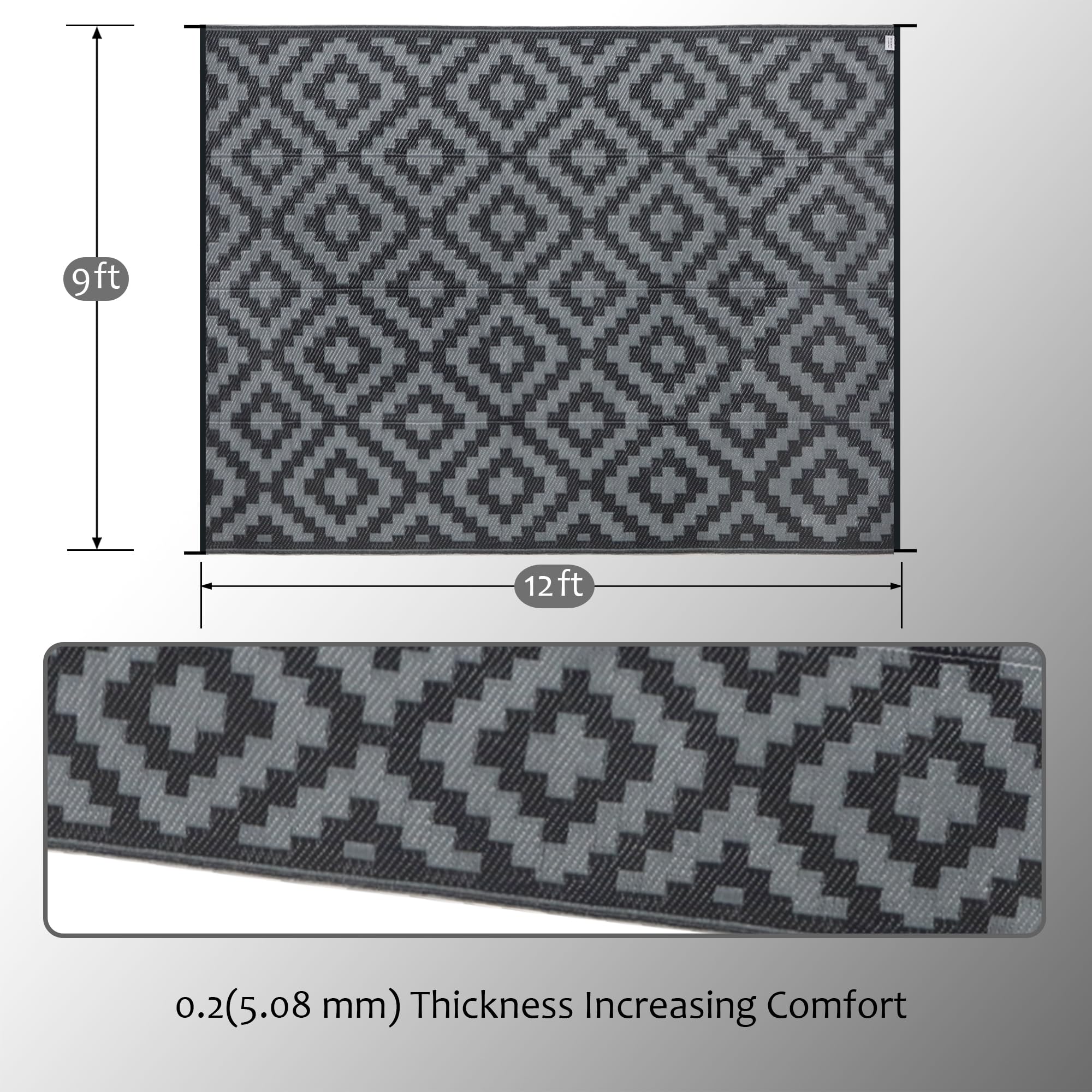 SAND MINE reversible plastic rug on a deck combines style and practicality.