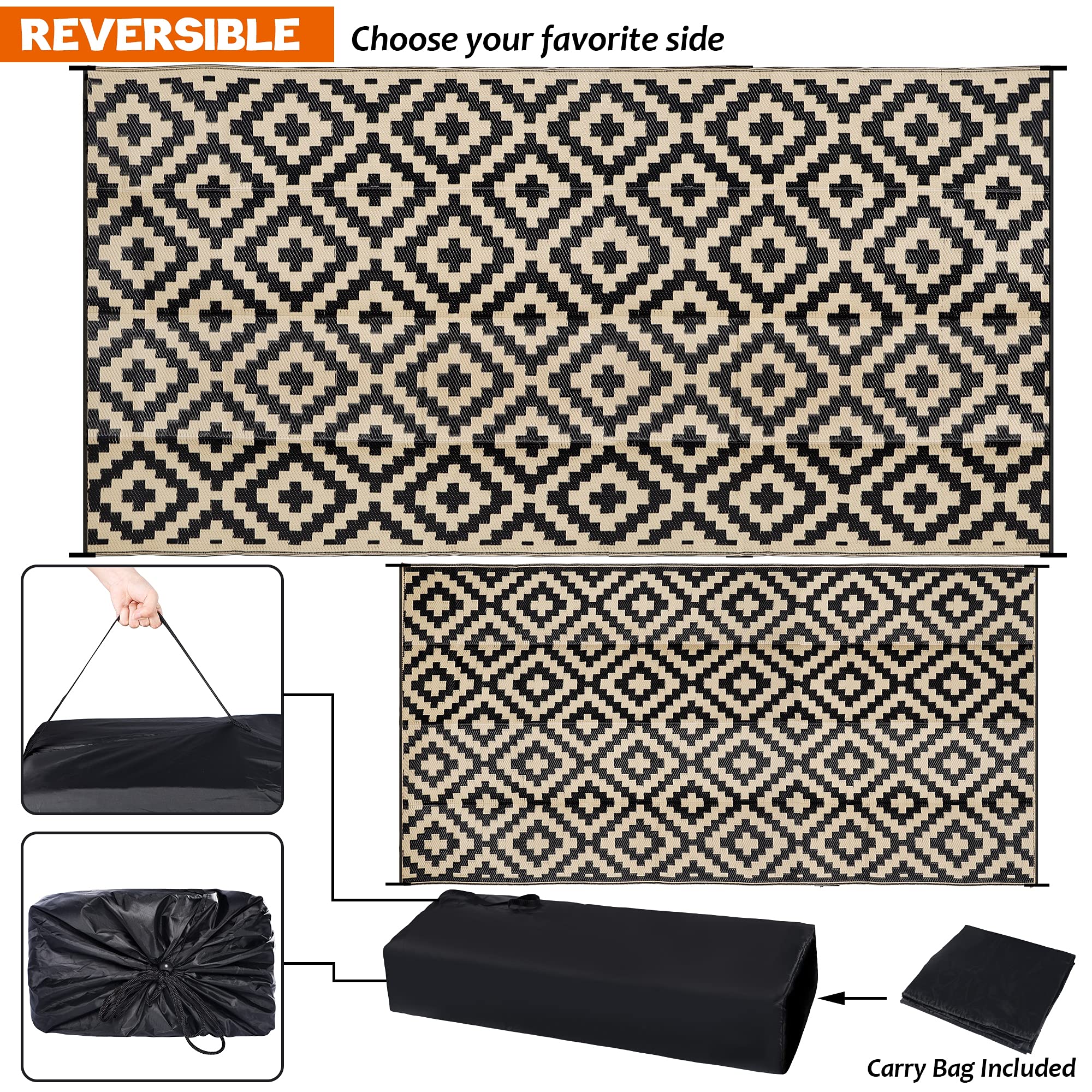 SAND MINE RV camping rug, lightweight and portable with bag.